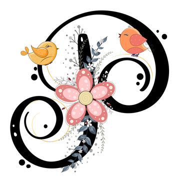Alphabet letter P vector with flowers, birds and leaves. Ornament letters. Illustration letter P, Anniversary celebration.