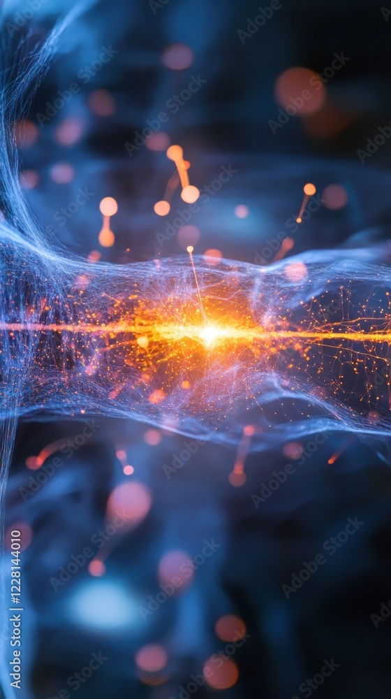 Poster vibrant energy flow with glowing particles and dynamic effects in a dark background