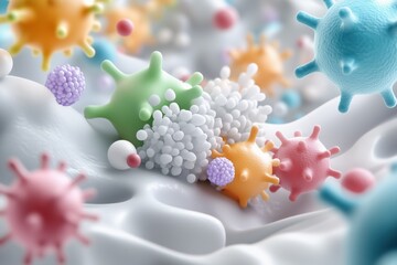 Microscopic close-up of colorful viruses and bacteria in a scientific environment. Concept of microbiology and advanced research in health science.