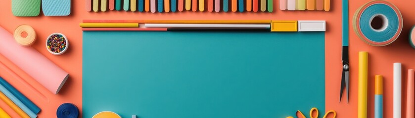 A vibrant workspace featuring colorful art supplies laid out on a bright background, ready for creative projects.