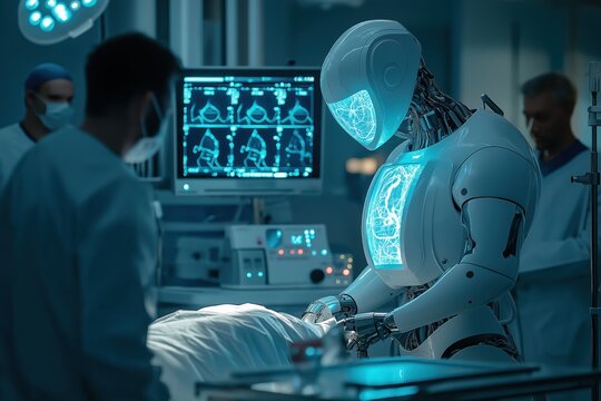 Advanced humanoid robot performing complex surgery in high-tech medical operating room