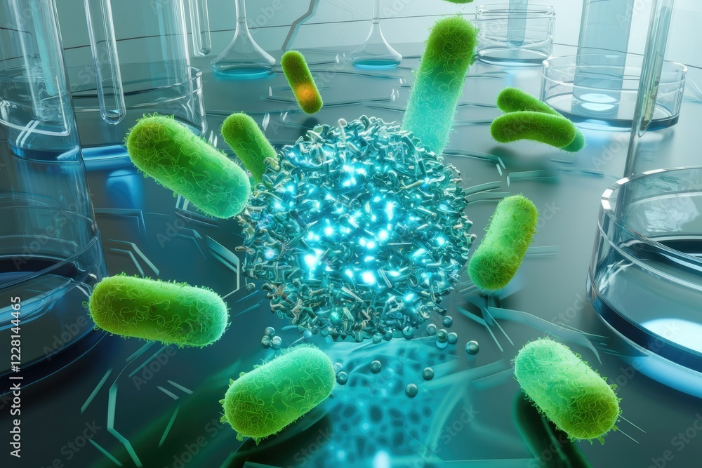 Aufkleber Microscopic view of bacteria attacking a cell in a laboratory setting.