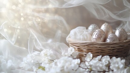 Decorated eggs in a woven basket surrounded by delicate flowers for an elegant spring celebration