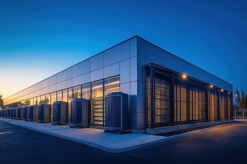 Advanced high-tech data center with futuristic architecture and industrial security at dusk