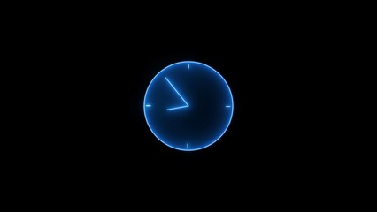 Clock icon neon light royal blue color 4k illustration. analogue style digital animated clock neon circle. Black background 4k illustration. clock with 24 hours running time.