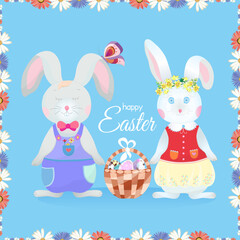 Fototapeta premium Vector Easter illustration with an Easter bunny with a butterfly sitting on his ear and a cute bunny with a wreath of daffodils on his head, with a basket and an Easter greeting on a blue background