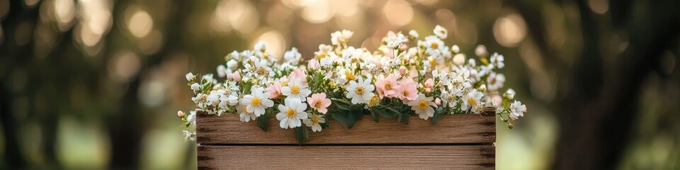 Fototapeta premium Flowers in a wooden box in the garden. Selective focus.