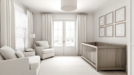 Light, airy nursery with crib, armchair, and natural light.