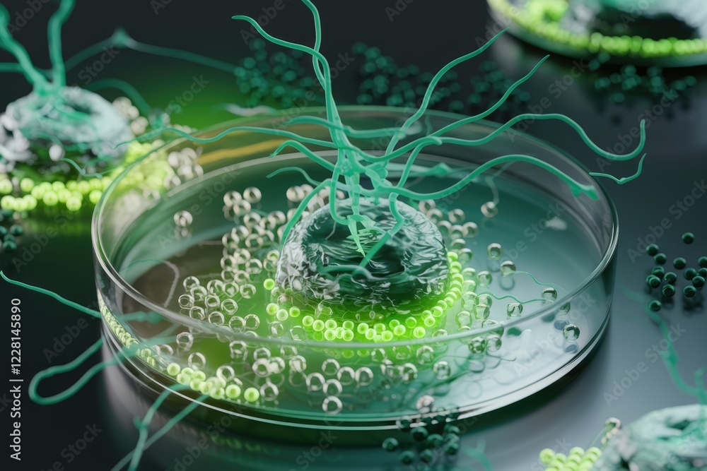 Poster Microscopic view of a cell with its intricate structure and surrounding particles in a petri dish.