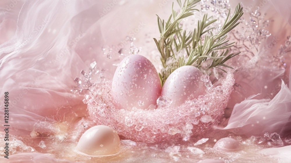 Aufkleber delicate pink eggs nestled in a fluffy nest surrounded by sparkling water and soft textures in a ser