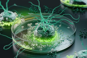 Microscopic view of a cell with its intricate structure and surrounding particles in a petri dish.