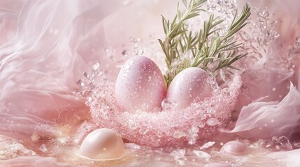 Fototapeta premium Delicate pink eggs nestled in a fluffy nest surrounded by sparkling water and soft textures in a serene setting