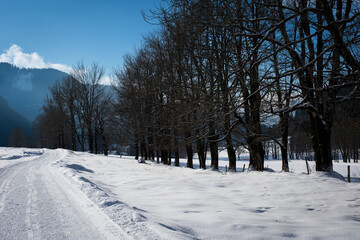 Winter landscape at early morning in ski resort, Austria. Europe.