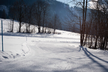 Winter landscape at early morning in ski resort, Austria. Europe.