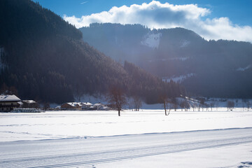Winter landscape at early morning in ski resort, Austria. Europe.
