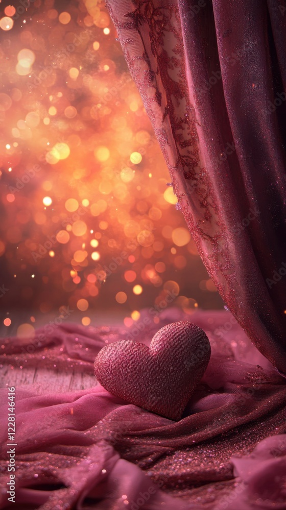 Poster decorative heart on a velvet fabric with soft bokeh lights in the background during an evening setup