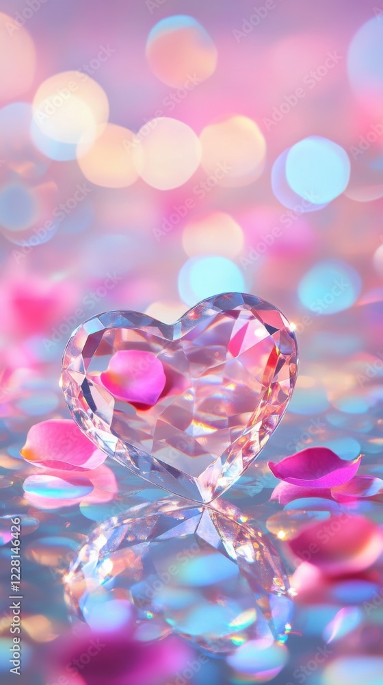 Poster sparkling heart-shaped crystal surrounded by colorful petals and soft bokeh background