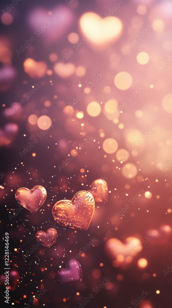 Poster Floating heart shapes create a magical atmosphere filled with shimmering light and gentle bokeh effects in the background