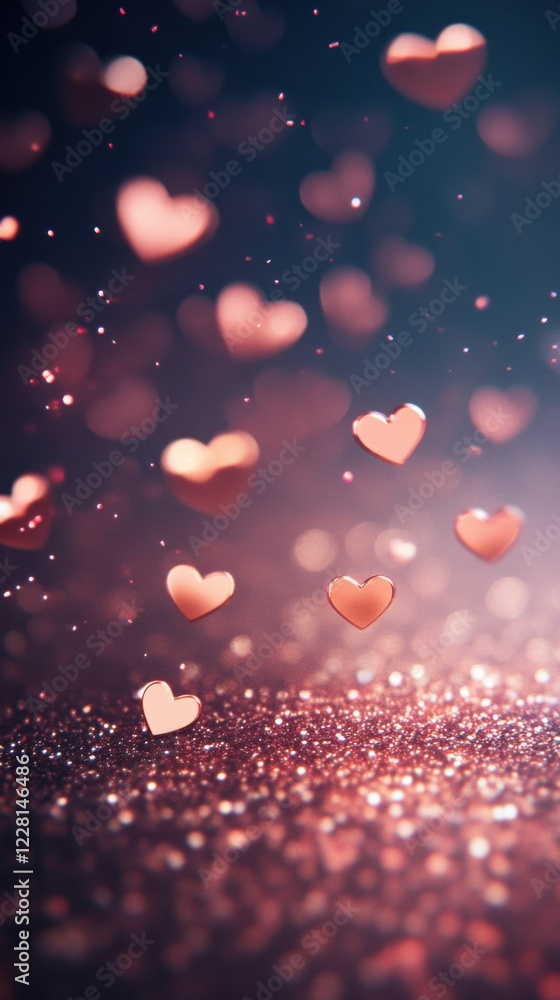 Poster heart-shaped decorations float gently in a sparkly background creating a magical atmosphere suitable