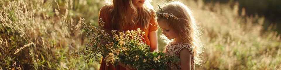 Naklejka premium girl with a bouquet of wildflowers in the field. Selective focus