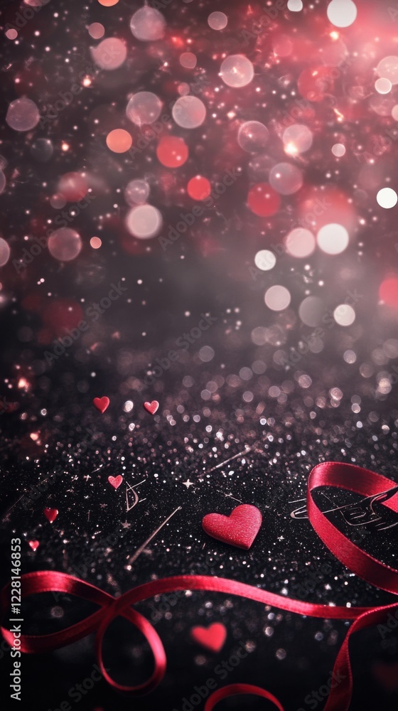 Poster sparkling red hearts and ribbon create a romantic atmosphere with a blurred background of shimmering
