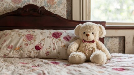 A white teddy bear with a red bow tie sits on a floral bedspread.