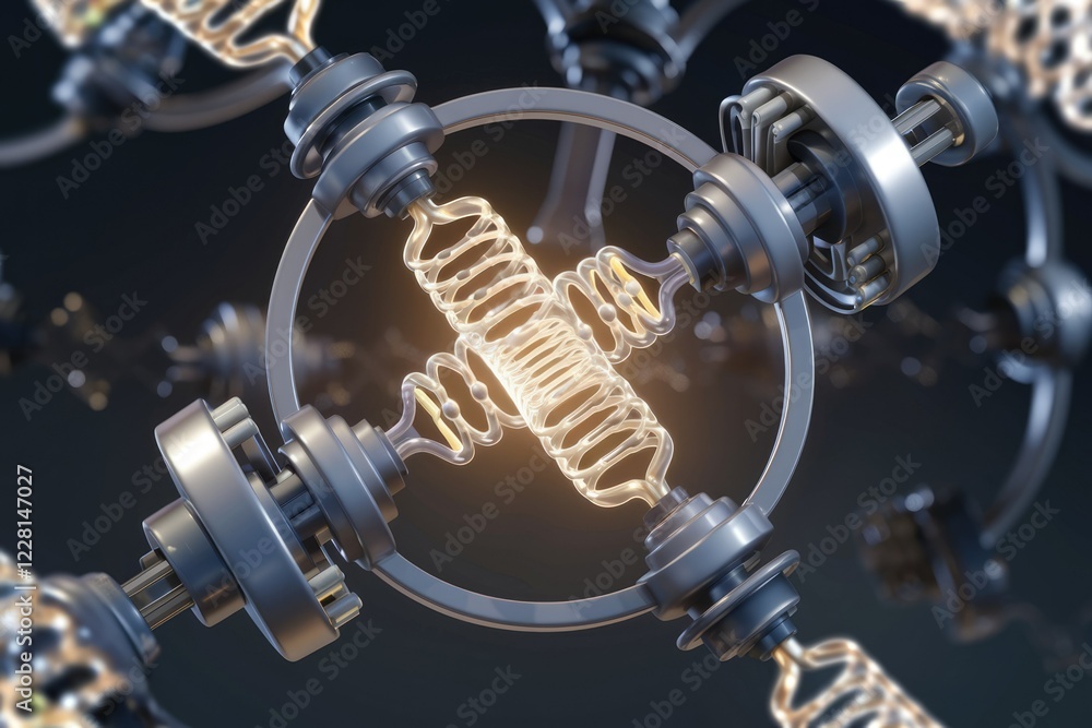Poster intricate metallic mechanism with glowing spiral elements, suggesting advanced technology or futuris