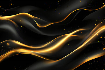 Elegant Flowing Golden Waves with Glowing Particles on a Dark Background, Abstract Futuristic Texture and Luxury Artistic Design