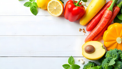 Many different healthy food on white table, flat lay
