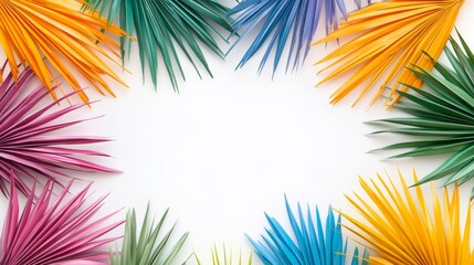 Vibrant palm branches arranged in a circle on a bright white background, creating a fresh and natural look. Space available for text overlay or design elements