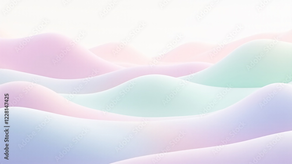 Poster an abstract landscape in soft pastel tones with gentle, flowing shapes, creating an ethereal and tra