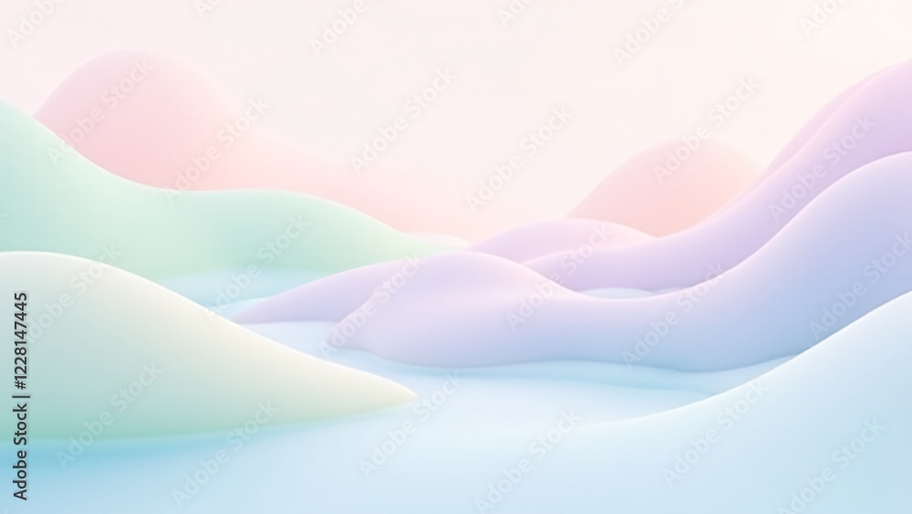 Poster an abstract landscape in soft pastel tones with gentle, flowing shapes, creating an ethereal and tra