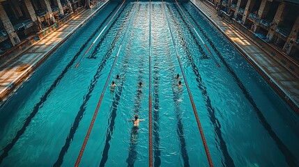 An aerial view of a swimming pool with swimmers in the lanes.