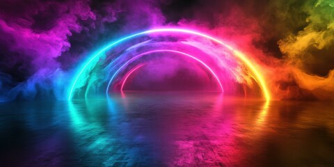 Vibrant neon arcs with colorful smoke, ideal for advertising events, parties, or artistic projects.