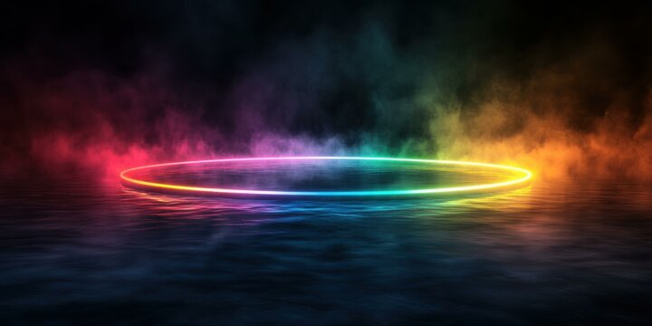 Vibrant neon circle illuminated over a misty water surface, suitable for digital art, music events, and advertising.