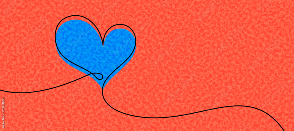 Canvas Prints a vibrant blue heart with a black outline connected by a flowing line on a textured red background. 