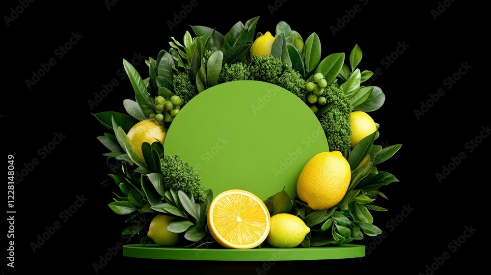 Poster lemon and greenery display: a vibrant composition of lemons and lush green foliage encircles a centr