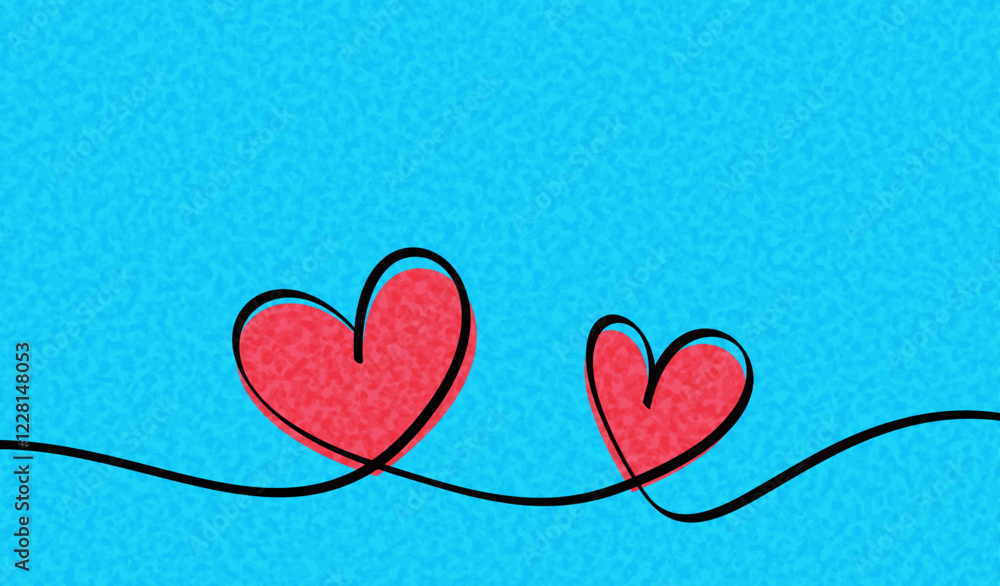 Canvas Prints two red hearts with black outlines connected by a flowing line on a vibrant textured blue background