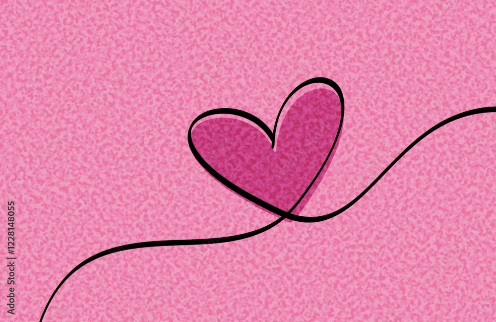 Poster a simple pink heart with a black outline connected by a flowing line on a textured pink background. 