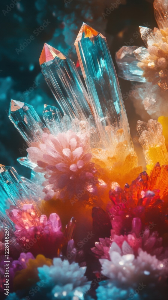 Poster colorful crystals and vibrant flowers create a mesmerizing display in a vivid and enchanting setting