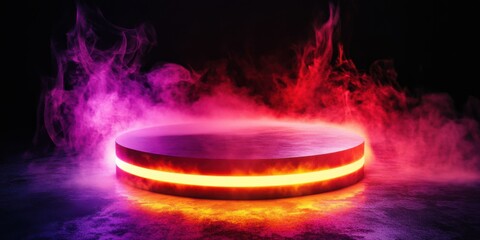 A vibrant, illuminated platform surrounded by colorful smoke, suitable for event promotions, product showcases, or artistic presentations.