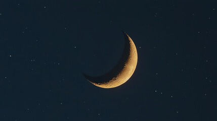 Naklejka premium Glowing crescent moon and twinkling stars against a deep blue night sky, creating a serene and dreamy atmosphere. Space available for inspirational text or messaging