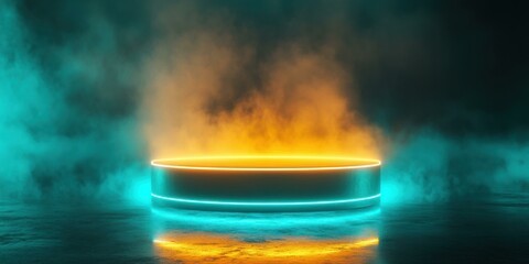 A vibrant, illuminated platform surrounded by mist, suitable for advertising, event promotion, or creative projects.