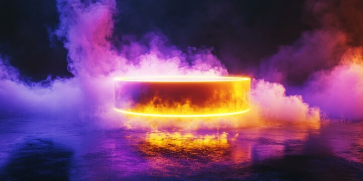 Vibrant neon circular platform surrounded by colorful smoke, suitable for advertising, music events, or digital art.