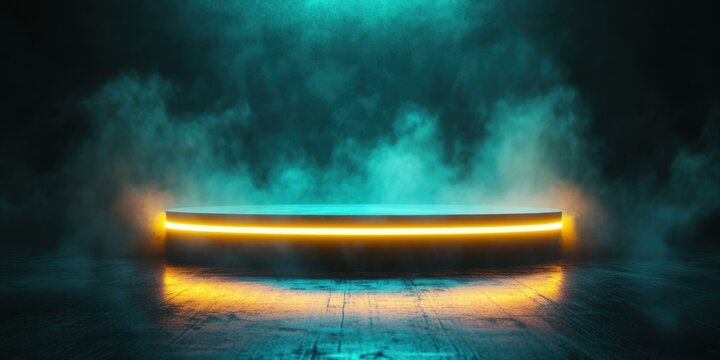 A dramatic stage with illuminated edges and fog, suitable for event promotions, music performances, or product launches.