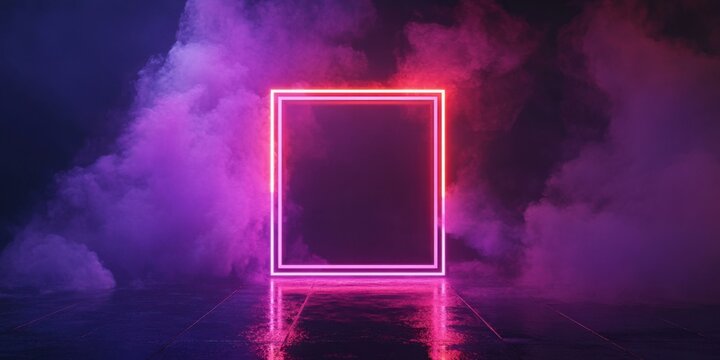 Abstract neon frame surrounded by colorful smoke, suitable for advertising, event promotions, or artistic projects.