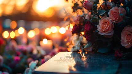 Close-up of a memorial plaque with a blurred background of flowers and candles, evoking remembrance, reflection, and tribute to loved ones
