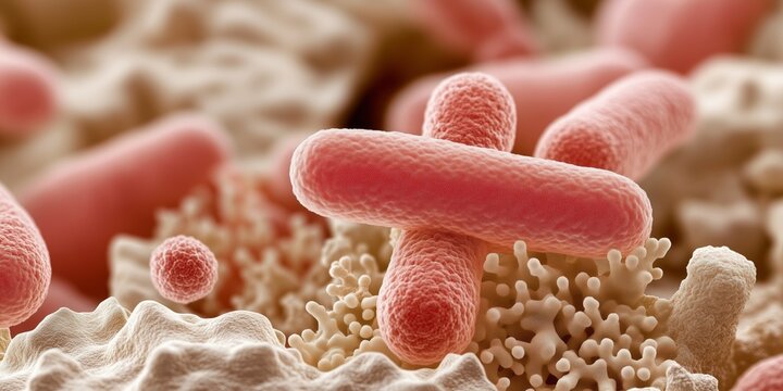 Microscopic bacteria landscape showing rod shaped bacilli and spherical cocci colonizing organic surface, revealing complex microbial growth and interactions