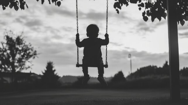 Silhouette of child on swing set at dusk. - Powered by Adobe