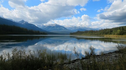 Fototapeta premium Serene Mountain Lake Reflection: A Breathtaking Panorama